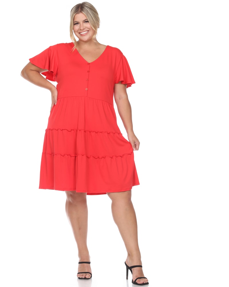Front of a model wearing a size 1X Short Sleeve V-neck Tiered Midi Dress in Red by White Mark. | dia_product_style_image_id:246987